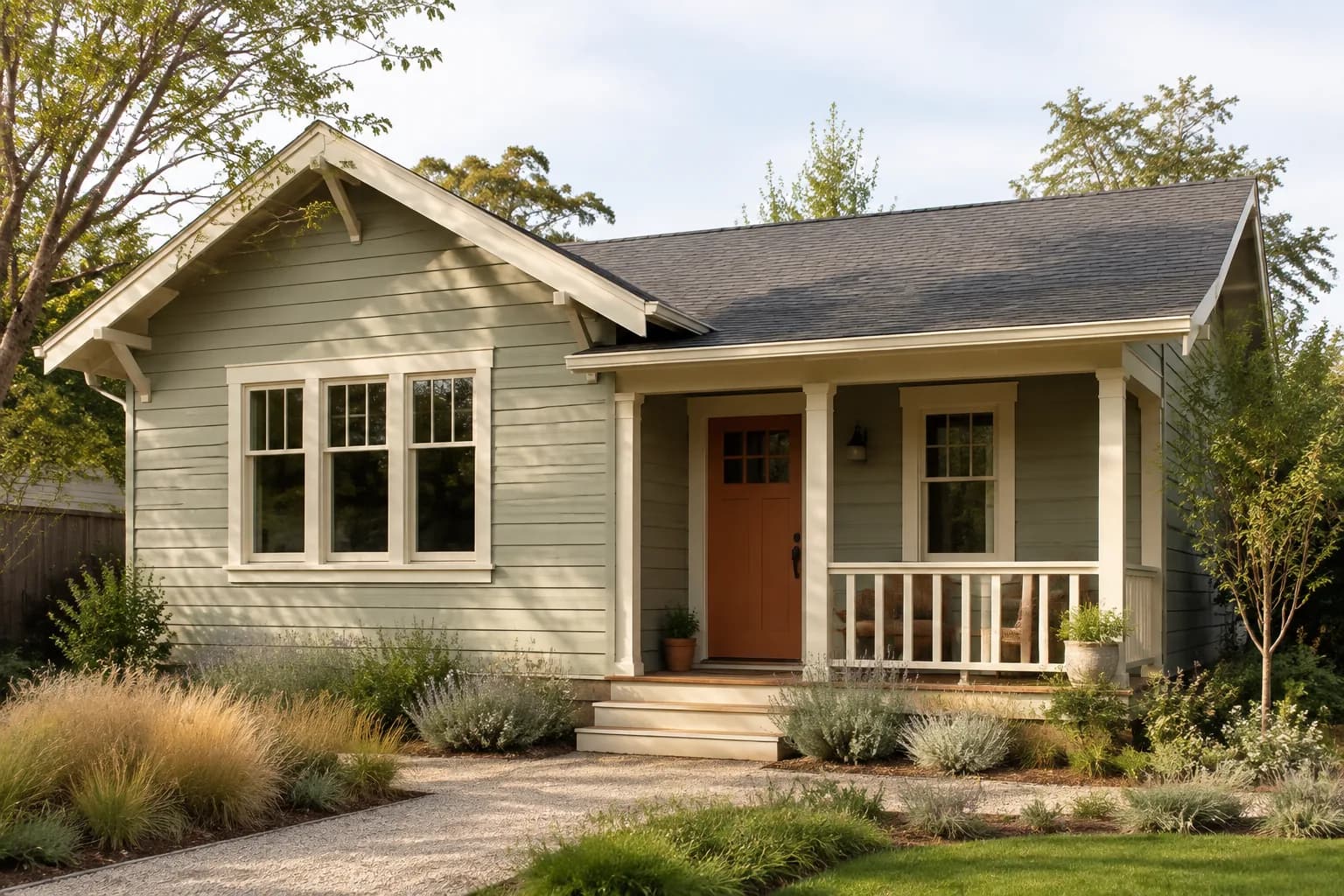 Cottage with sage-gray siding, ivory porch trim, and a terracotta front door