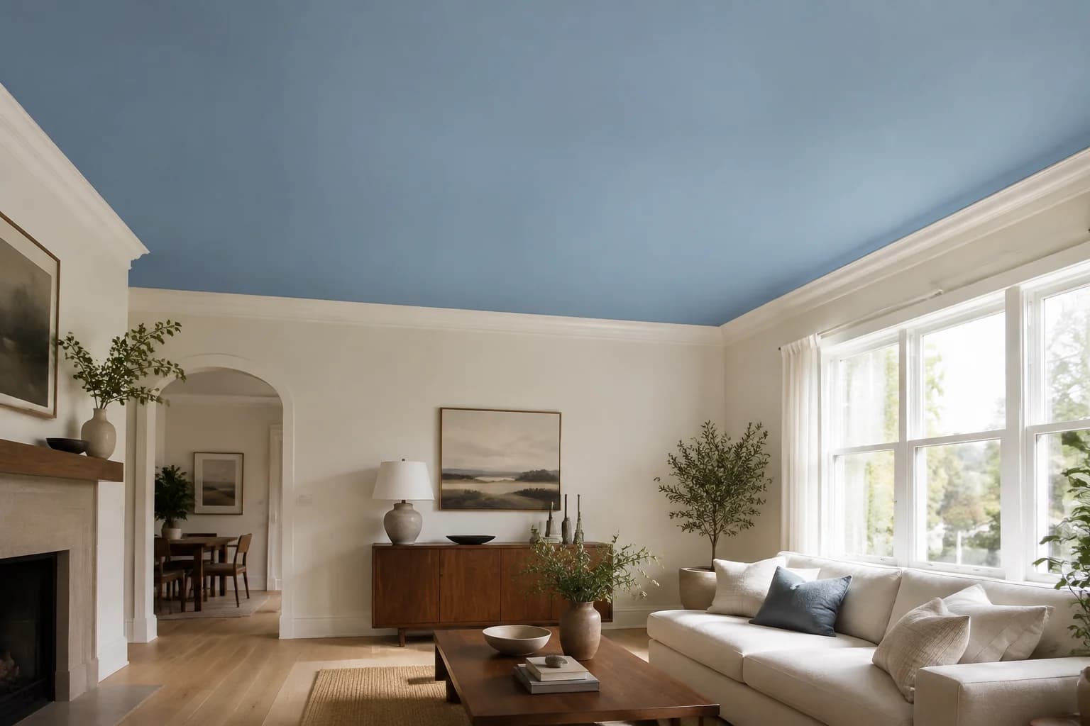 Living room with a dusty blue ceiling, ivory walls, and a cream linen sofa