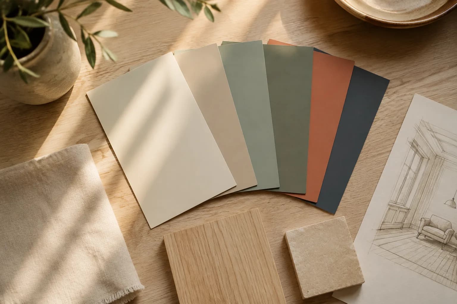 Paint swatches, linen, oak, and stone samples arranged beside an interior design sketch