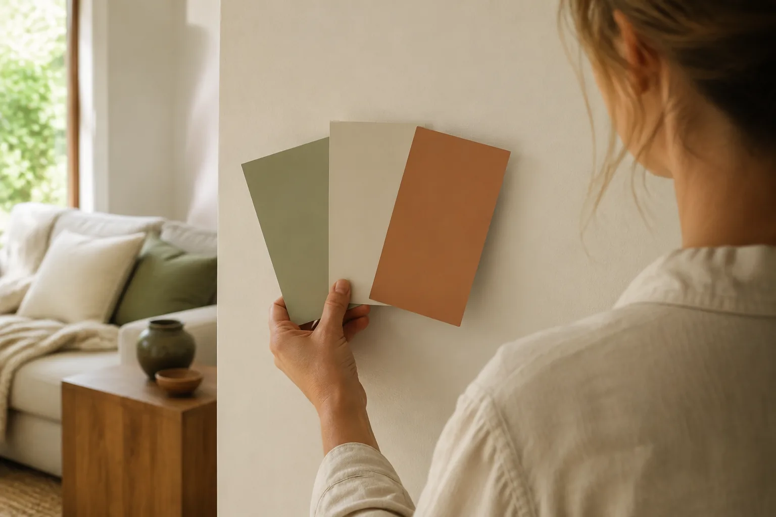 A homeowner comparing sage, cream, and terracotta paint swatches against a living room wall