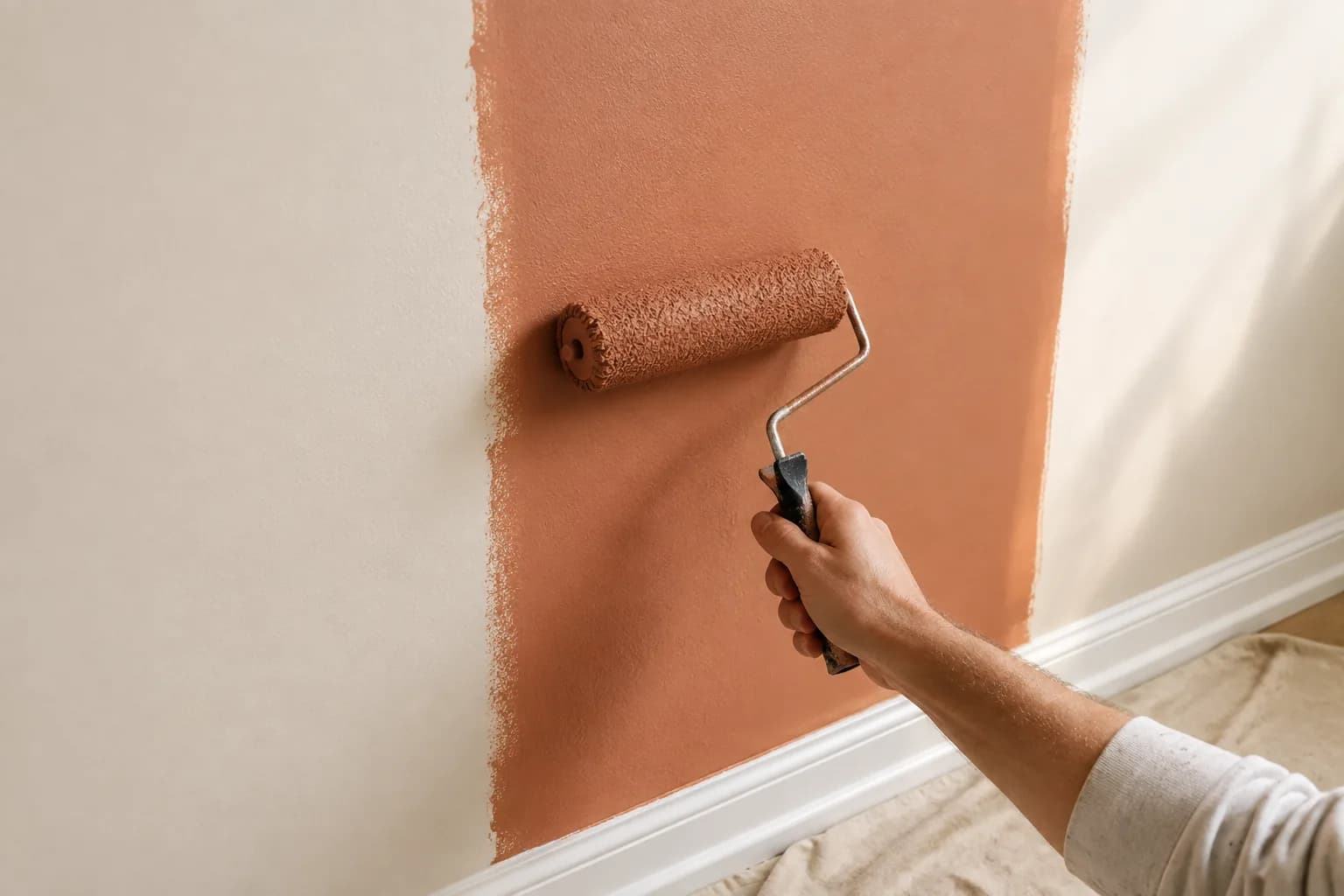 A painter applying warm terracotta paint to an interior wall with a roller