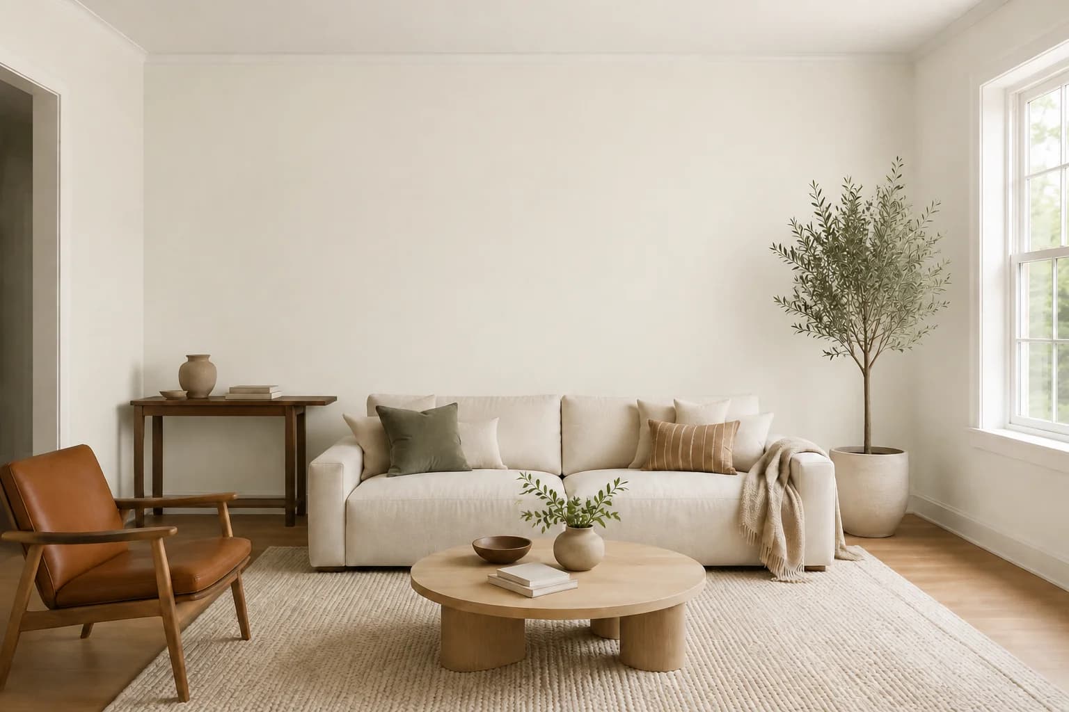 Living room with ivory walls, an ivory sofa, and oak furniture