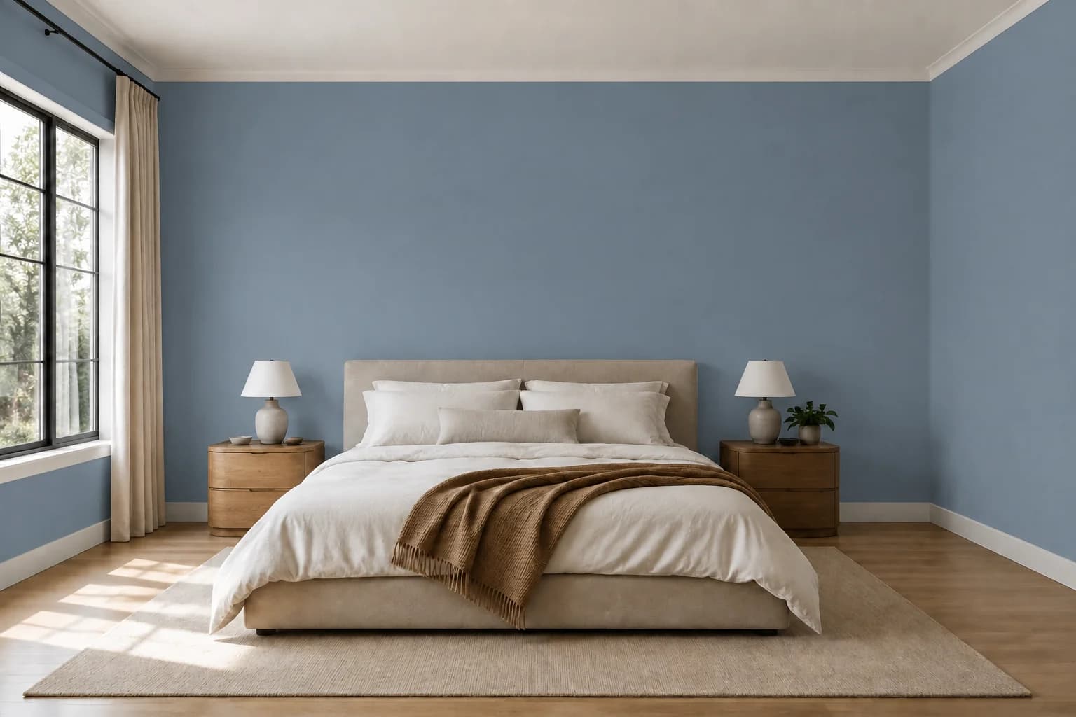 Bedroom with muted blue walls, cream bedding, and warm wood nightstands
