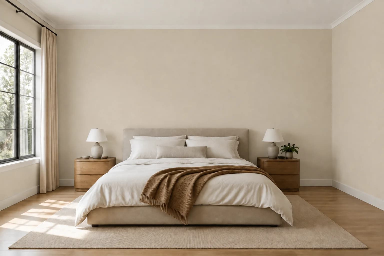 Bedroom with warm beige walls, cream bedding, and oak nightstands